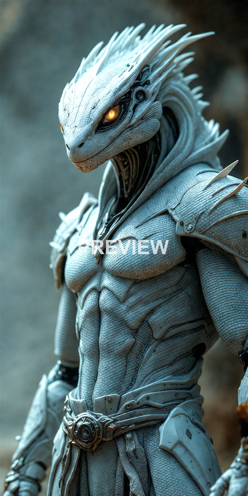 A highly detailed, futuristic humanoid alien with reptilian features, glowing eye, and intricate armor-like skin, standing against a blurred background.